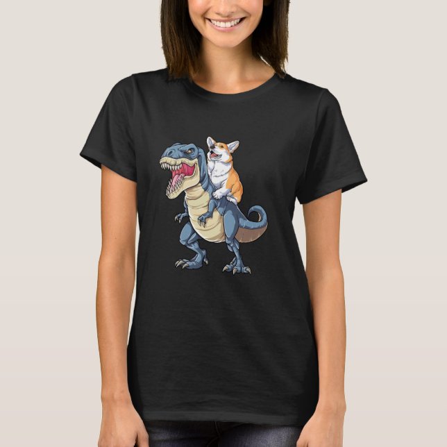 Camiseta Corgi Riding T Rex Halloween Costume Dinossaur Boy (Frente)