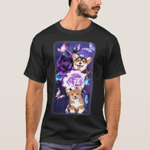 Camiseta Corgi Roxo Mágico Amor Rosas Flor Borboleta