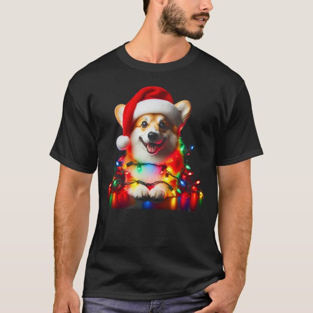 Camiseta Corgi Santa Christmas Tree Lights Boys Men Corgmas (Frente)