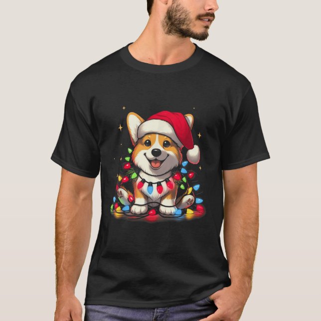 Camiseta Corgi Santa Christmas Tree Lights Boys Men Corgmas (Frente)