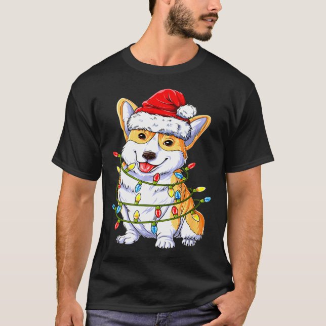 Camiseta Corgi Santa Christmas Tree Lights Xmas (Frente)