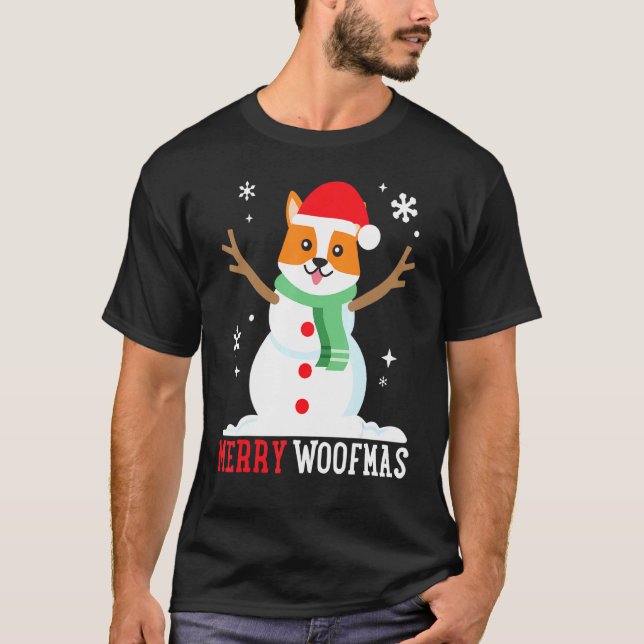 Camiseta Corgi Snowman Engraçado Cachorro Bonito Mãe Natal  (Frente)