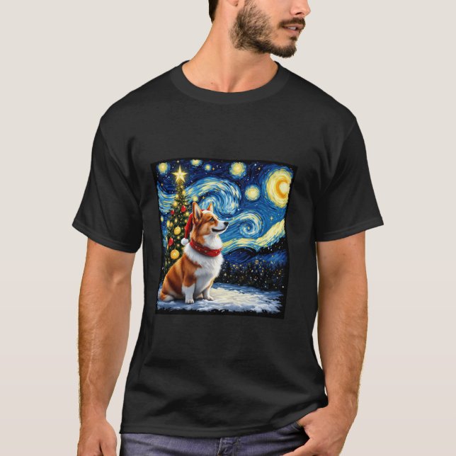 Camiseta Corgi Starry Night Christmas Van Gogh Dog Santa Ha (Frente)