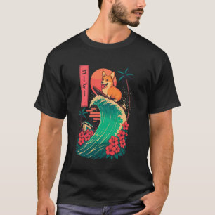 Camiseta Corgi Surfando Onda Japonesa