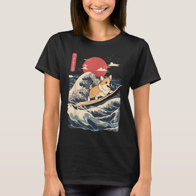 Camiseta Corgi Surfing Japonês (Frente)