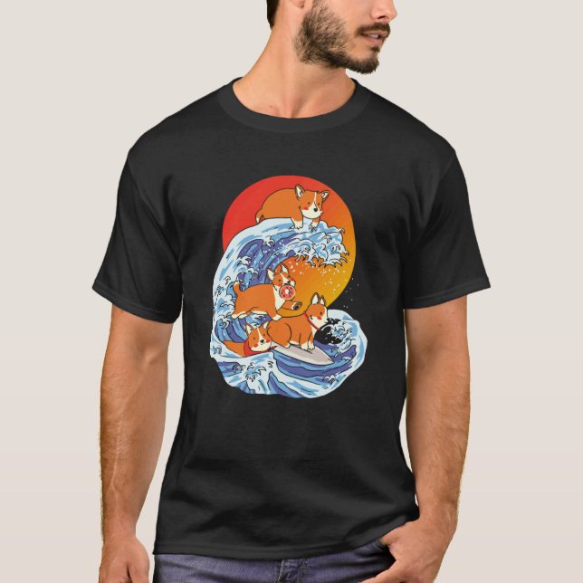 Camiseta Corgi Surfista Praticando Surf Prancha de Surf Cor (Frente)