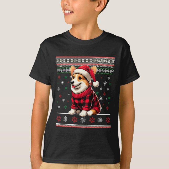 Camiseta Corgi Ugly Funny Christmas Santa Hat Xadrez Buffal (Frente)