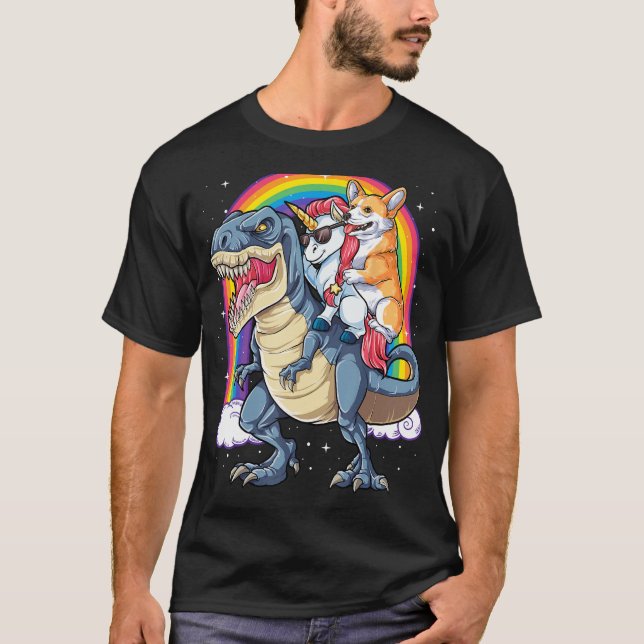 Camiseta Corgi Unicorn Dirigindo Dinossauro T rex Oferece H (Frente)