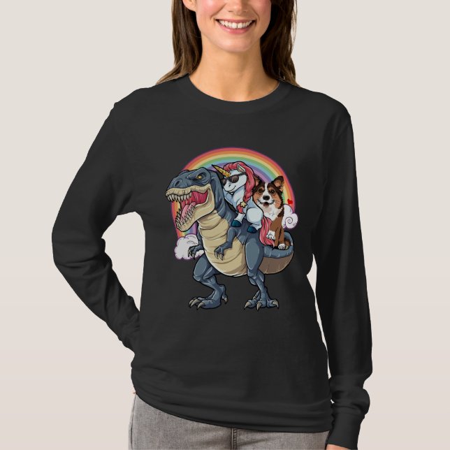 Camiseta Corgi Unicorn Ride T Rex (Frente)