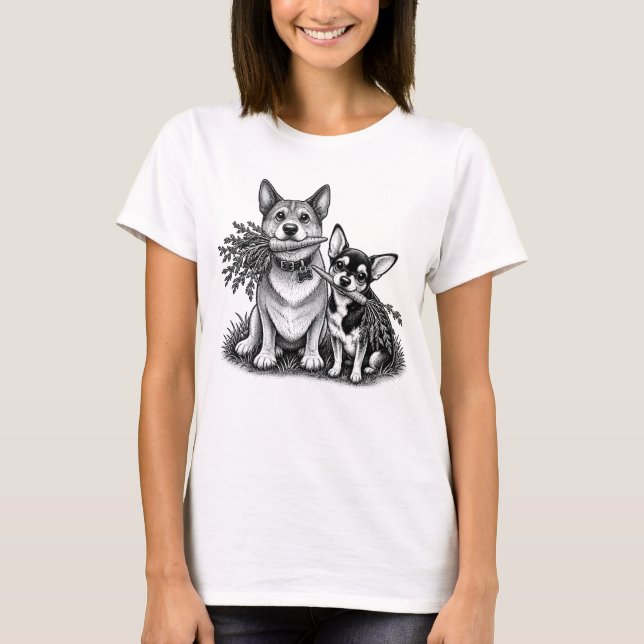 Camiseta Corgi Vegano & Chihuahua com Cenouras (Frente)