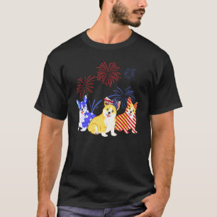 Camiseta Corgi Vermelho Branco Azul Bandeira EUA Fogos 4 De
