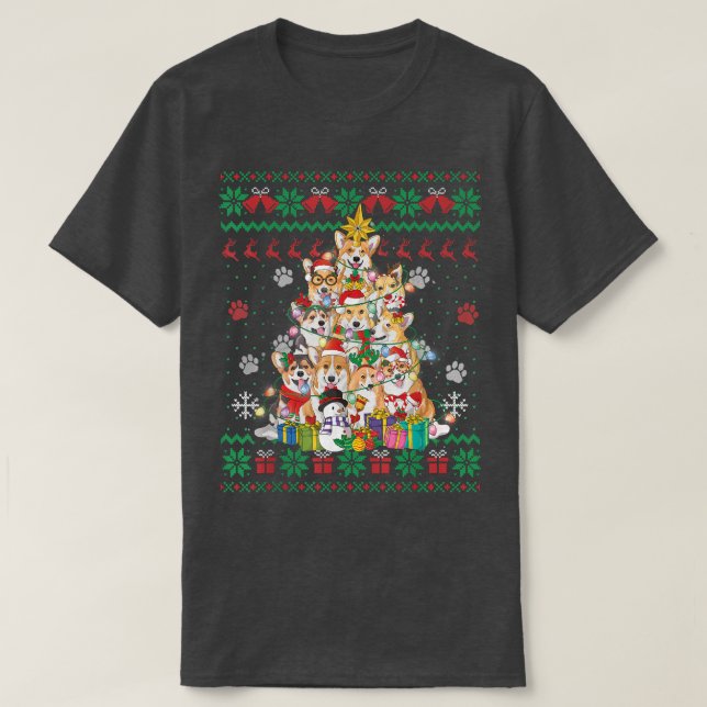 Camiseta Corgin Christmas Tree Fairy Lights Papais noeis Do (Frente do Design)