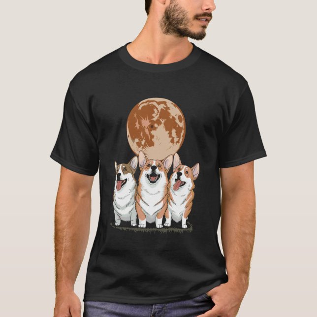 Camiseta Corgis Engraçados Uivando na Lua Cheia (Frente)