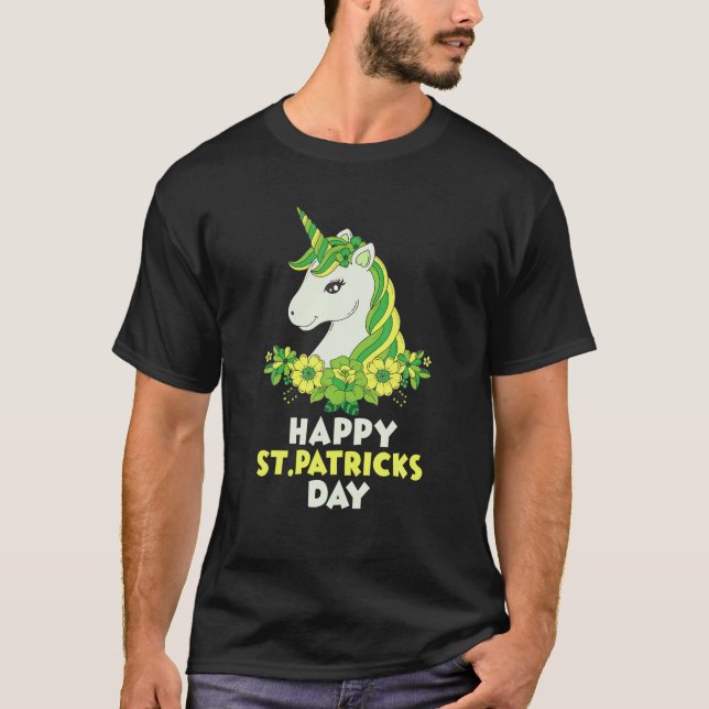 Camiseta Corno Verde Unicórnio Rosto Flores São Patricks Di (Frente)