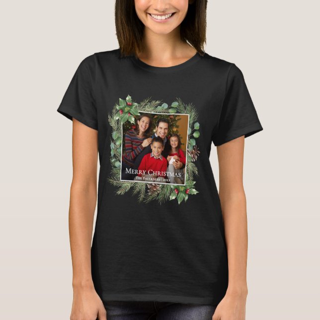 Camiseta Coroa Botânica de Foto de Natal Feliz (Frente)