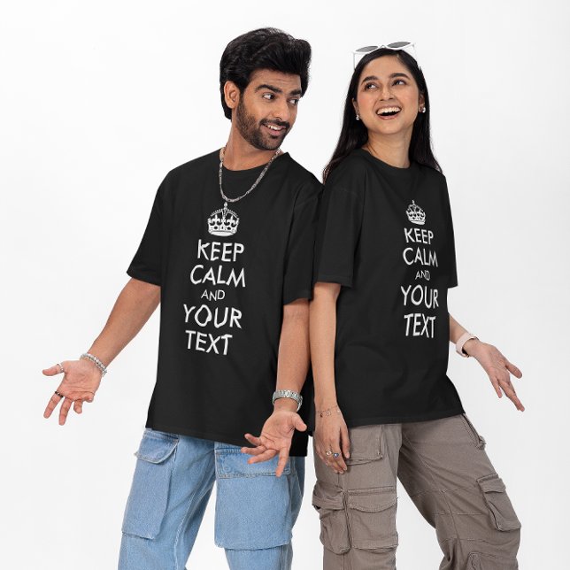 Camiseta Coroa Branca com seu Texto Personalizado Mantenha  (Black and White Crown with Your Personalized Keep Calm Text T-Shirt)