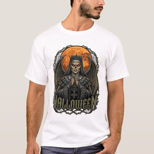 Camiseta Coroa de Asas de Demônio de Halloween Lua Laranja_ (Frente)