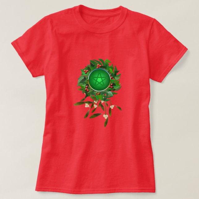 Camiseta Coroa de Azevinho com Pentáculo e Visco (Frente do Design)