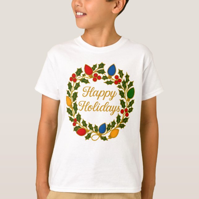 Camiseta Coroa de Férias Natal Luzes e Azevinho (Frente)