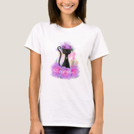 Camiseta Coroa de flor de gato preto sentada em rosas rosa