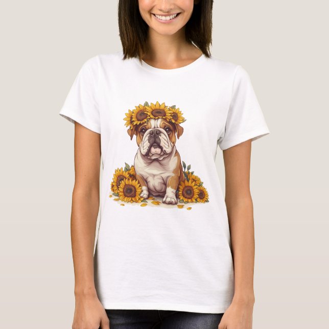 Camiseta Coroa de Girassol do Bulldog Inglês (Frente)