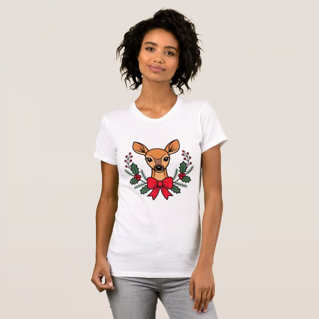 Camiseta Coroa de Natal de Rena com Azevinho Arco de Animal (Frente Completa)