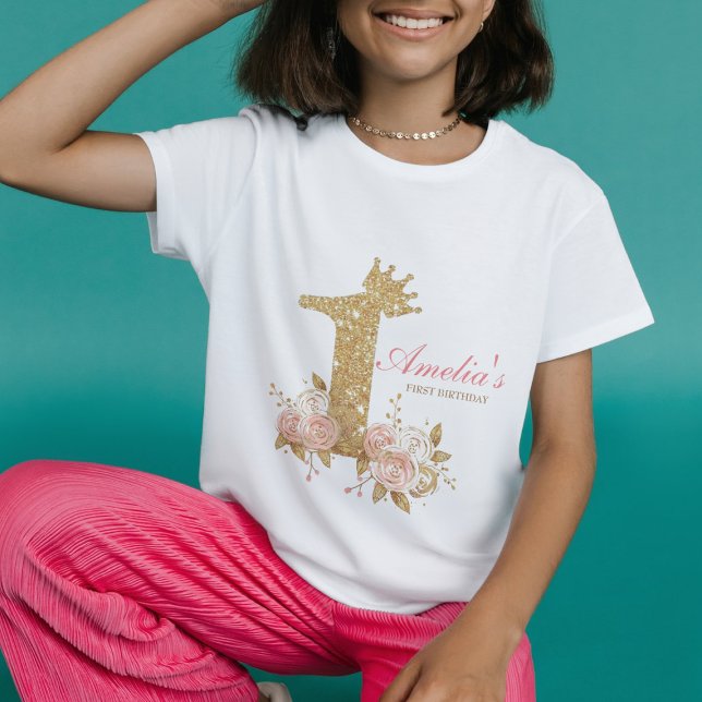 Camiseta Coroa de Ouro Rosa Princesa Primeiro Aniversário  (Criador carregado)