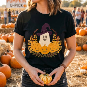 Camiseta Coroa de Outono de Fantasma Fofo e Abóboras Assust