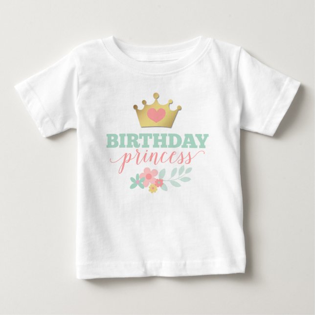 Camiseta Coroa Dourada de Princesa de Aniversário & Floral  (Frente)
