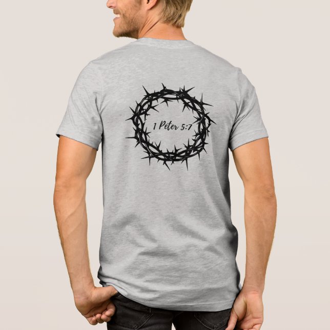 Camiseta Coroa Preta Espessa com Bíblia Verso 1 Peter 5:7 (Verso)