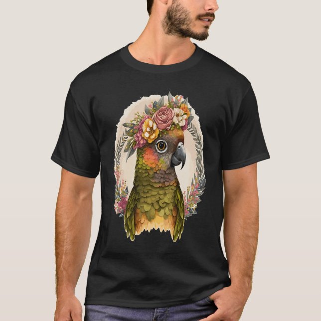 Camiseta Coroa verde-branca Conure Pássaro Flor P (Frente)