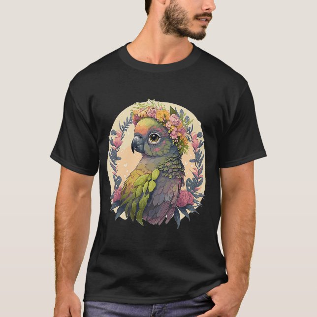 Camiseta Coroa verde-branca Conure Pássaro Flor P (Frente)