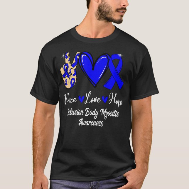 Camiseta Corpo de Inclusão Myosite IBM Peace Love Hope Blue (Frente)