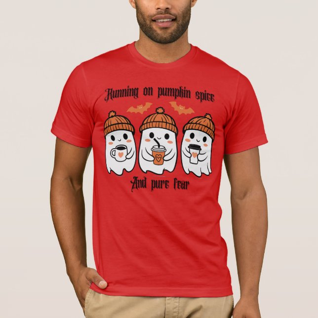 Camiseta "Correndo em Pumpkin Spice e Puro Medo" (Frente)