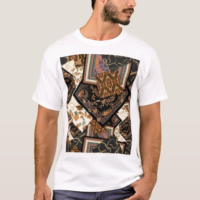 Camiseta Corrente, paisley, flores: retalhamento de safras. (Frente)