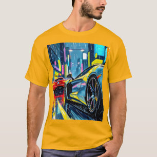 Camiseta corrida de carros esportivos através de uma cidade