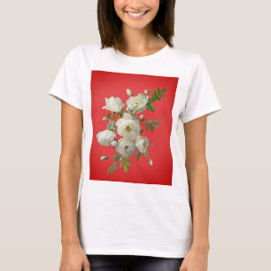 Camiseta Corrida de rosas brancas sobre fundo vermelho