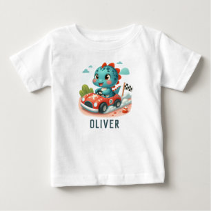 Camiseta Corrida Fofa Dino Dirigindo um Carro Esportivo
