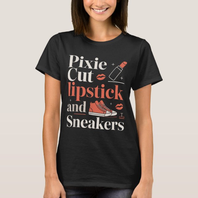 Camiseta Corte pixie batom e tênis estilo de cabelo curto  (Frente)
