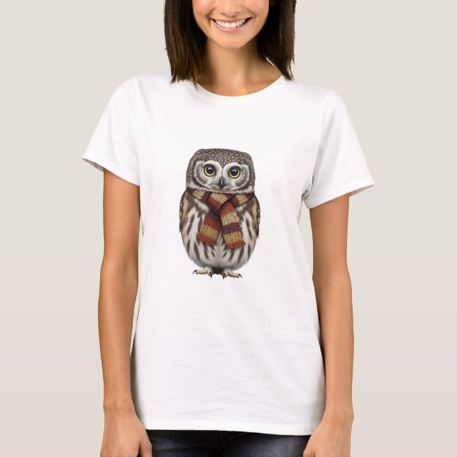 Camiseta Coruja Adorável com Cachecol de Tricô (Frente)