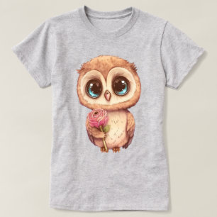 Camiseta Coruja Adorável Segurando uma Rosa Rosa
