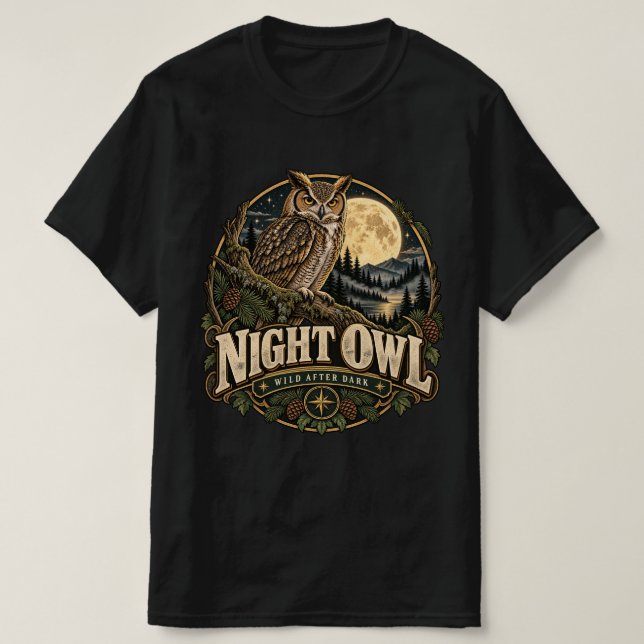 Camiseta Coruja Antiga Sob Lua Cheia (Frente do Design)