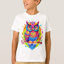 Camiseta Coruja Arco-Íris com Folhas Tropicais na Árvore Ra