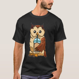 Camiseta Coruja Bebendo Chá de Bolha Animais Fofos Com Chá