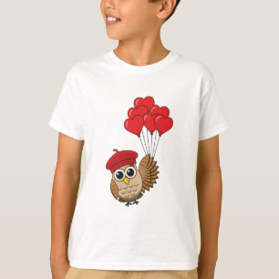 Camiseta Coruja-Bonita Voando com Balões de Coração