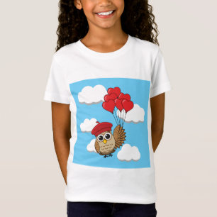 Camiseta Coruja-Bonita Voando com Balões de Coração