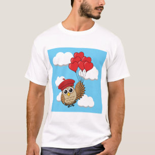 Camiseta Coruja-Bonita Voando com Balões de Coração