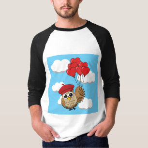 Camiseta Coruja-Bonita Voando com Balões de Coração