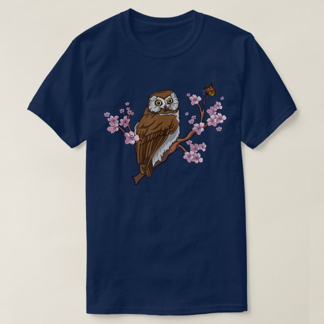 Camiseta Coruja com borboleta Sakura Cherry Blossom (Frente do Design)