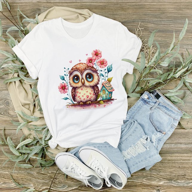 Camiseta Coruja Com Flores e Casa Miniatura (Criador carregado)